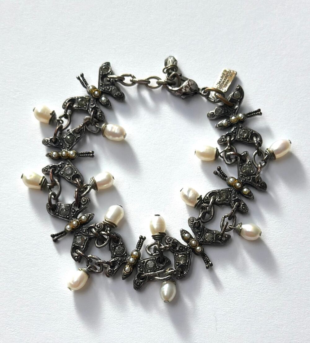 Vintage Mary DeMarco 1999 Butterfly Bracelet Pearl Rhinestone 8” Signed